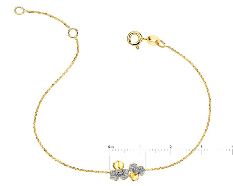 Bransoletka z żółtego złota z diamentami - kwiatki 0,06 ct - próba 375