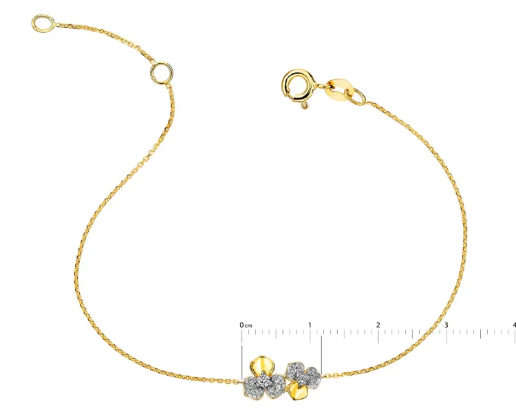Bransoletka z żółtego złota z diamentami - kwiatki 0,06 ct - próba 585
