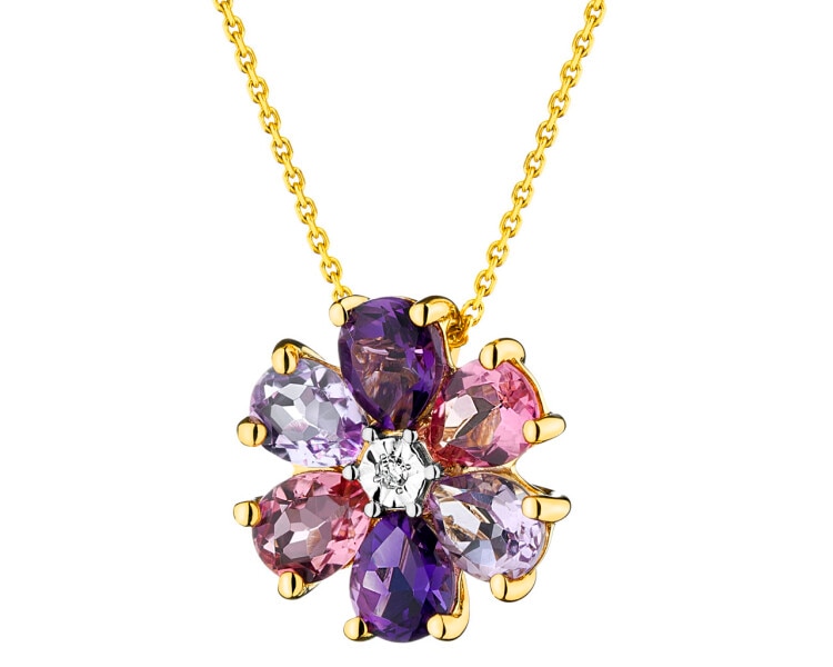 Zlatý náhrdelník s diamantem, ametysty a turmalíny - ryzost 585