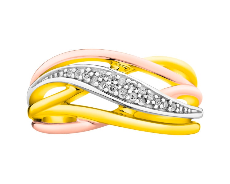 Pierścionek z żółtego, białego i różowego złota z diamentami 0,07 ct - próba 585
