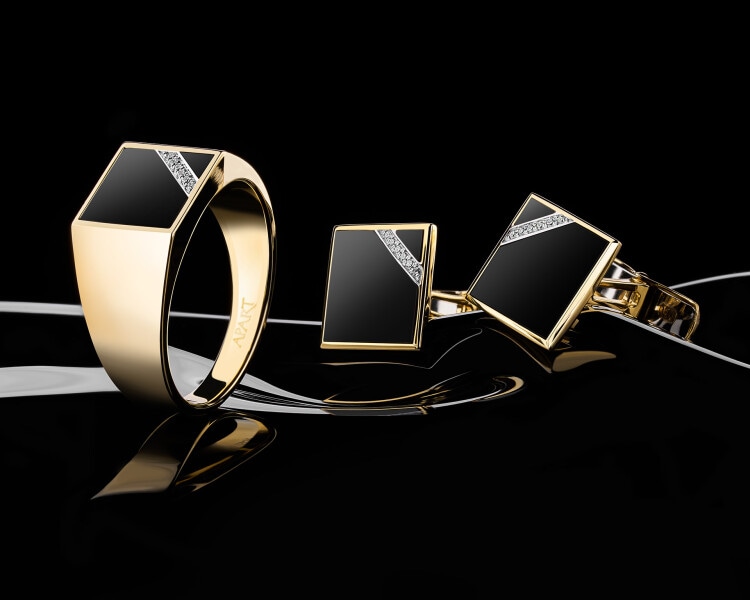 Spinki do mankietów z żółtego złota z diamentami i onyksami - próba 585