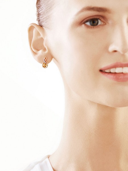 Yellow gold earrings with diamonds and citrines - fineness 14 K