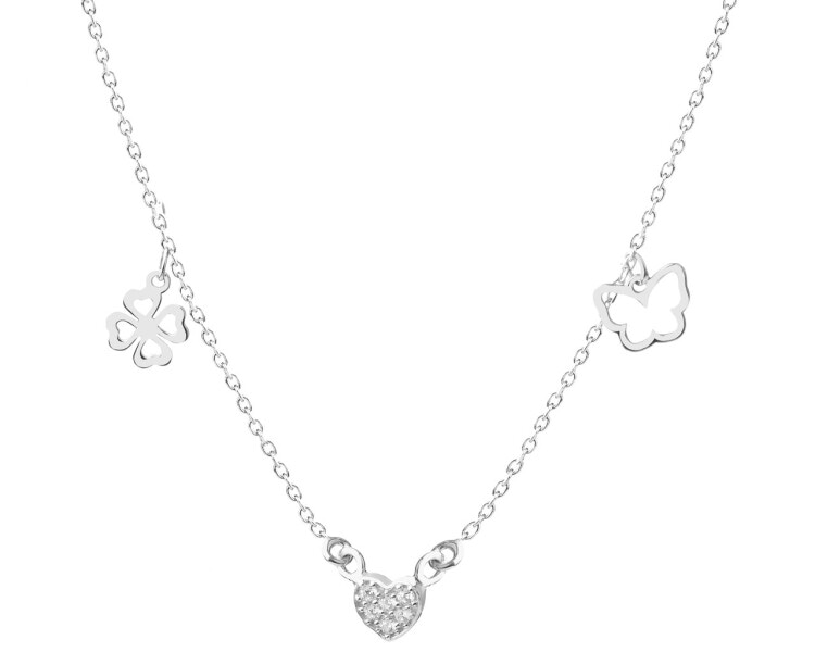Stříbrný náhrdelník se zirkony - srdce, čtyřlístek, motýl
