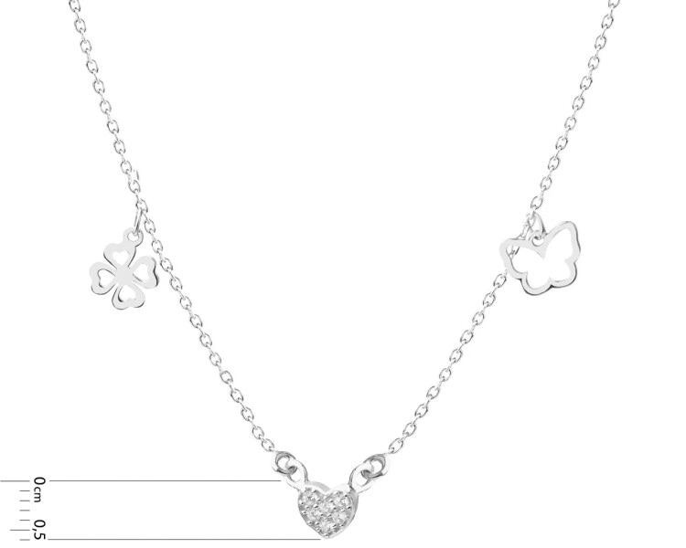 Stříbrný náhrdelník se zirkony - srdce, čtyřlístek, motýl