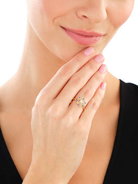 Pierścionek z żółtego złota z brylantem i szafirami syntetycznymi - próba 375