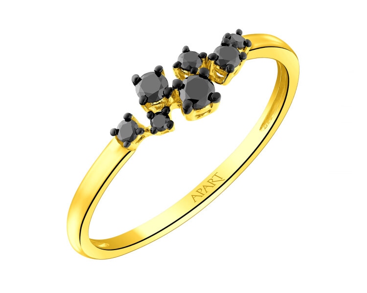 9 K Yellow Gold Ring with Black Diamond, Treateds - fineness 9 K