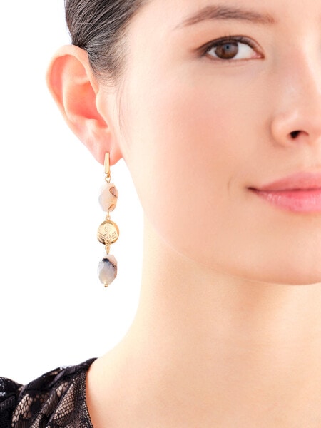 Gold-Plated Brass, Gold-Plated Silver Earrings with Agate