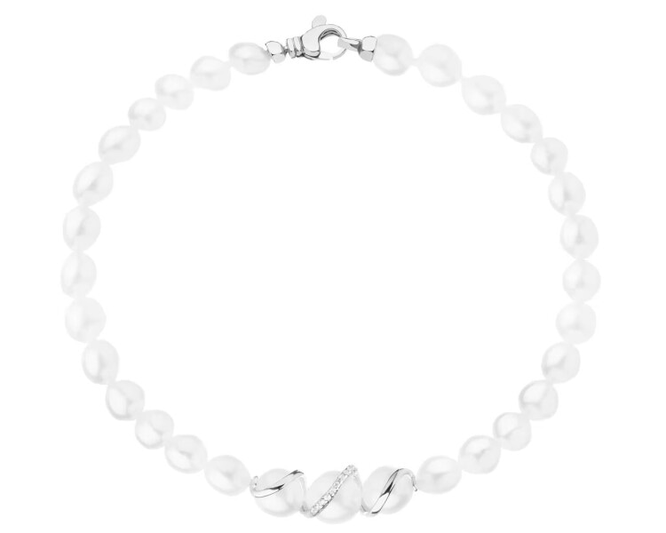 14 K Rhodium-Plated White Gold Bracelet with Pearl