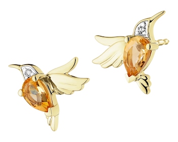 Zlaté náušnice s diamanty a citríny - kolibříci - ryzost 585