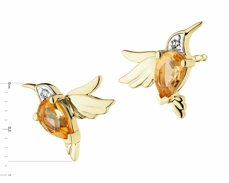 Zlaté náušnice s diamanty a citríny - kolibříci - ryzost 585