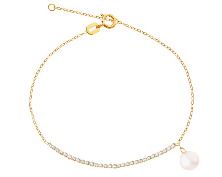 Złota bransoletka z perłą i cyrkoniami, ankier