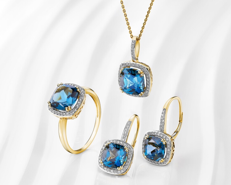 Zlatý prsten s diamanty a topazem London Blue - ryzost 585