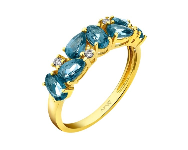 Zlatý prsten s brilianty a topazy London Blue - ryzost 585