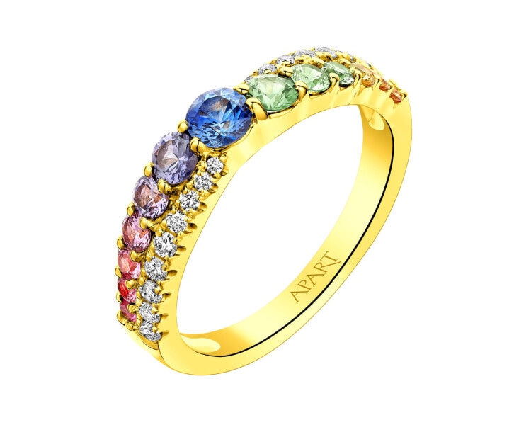 Zlatý prsten s brilianty a barevnými safíry - ryzost 585