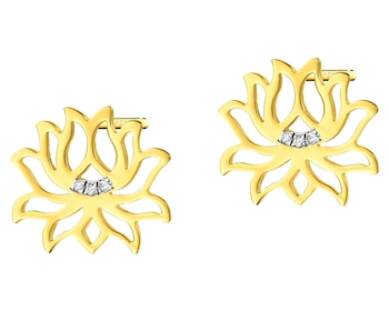 Kolczyki z żółtego złota z diamentami - kwiaty lotosu 0,01 ct - próba 375