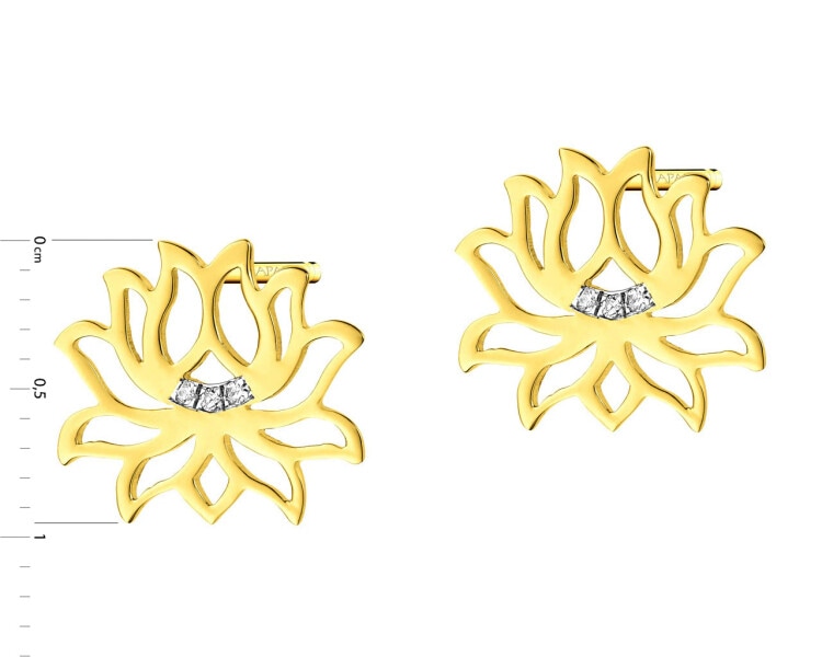 Kolczyki z żółtego złota z diamentami - kwiaty lotosu 0,01 ct - próba 375