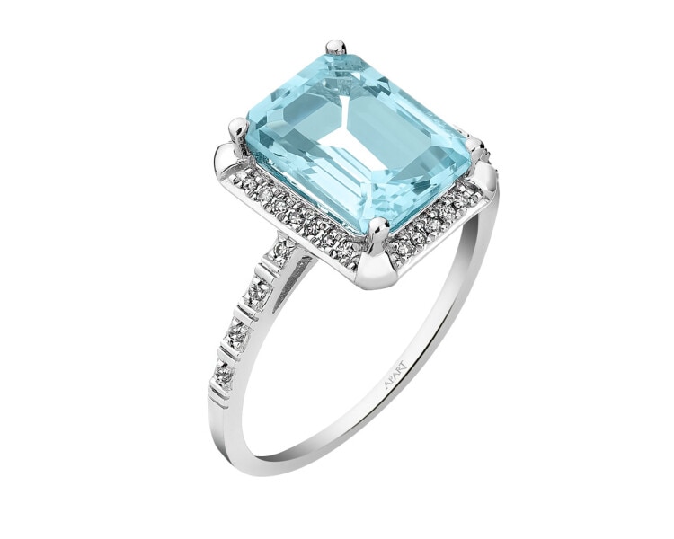 Prsten z bílého zlata s diamanty a topazem Sky Blue - ryzost 585