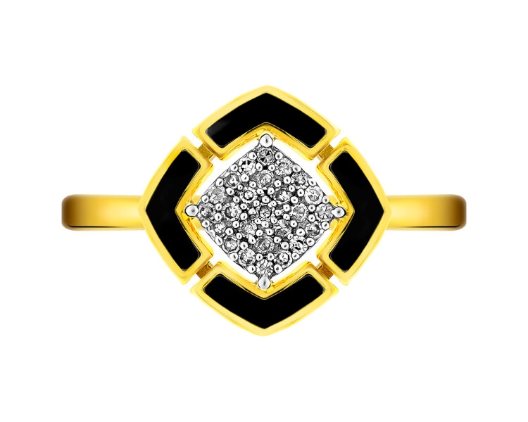Pierścionek z żółtego złota z diamentami i emalią 0,08 ct - próba 585