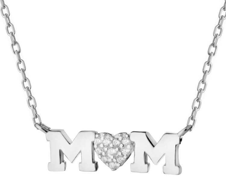 Naszyjnik srebrny z cyrkoniami - mama, serce