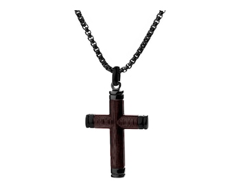 Náhrdelník z ušlechtilé oceli s dřevem - kříž