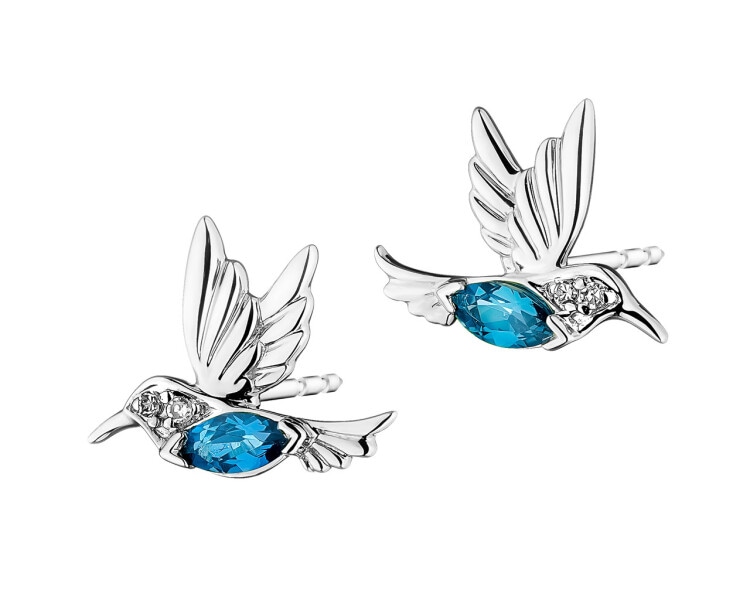 Kolczyki z białego złota z diamentami i topazami London Blue – kolibry - próba 375
