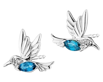 Kolczyki z białego złota z diamentami i topazami London Blue – kolibry - próba 375