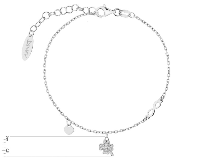 Bransoletka srebrna z cyrkoniami - koniczyna, serce, nieskończoność