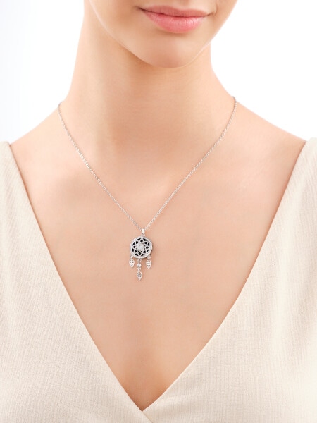 Rhodiovaný náhrdelník z mosazi s achátem, zirkony, perletí a skleněnými detaily - lapač snů