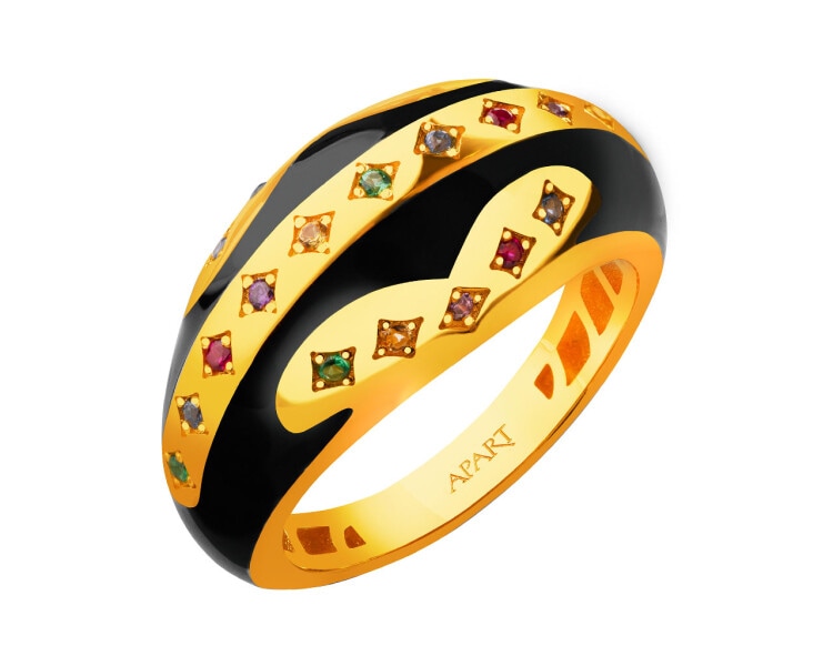Złoty pierścionek z emalią i cyrkoniami