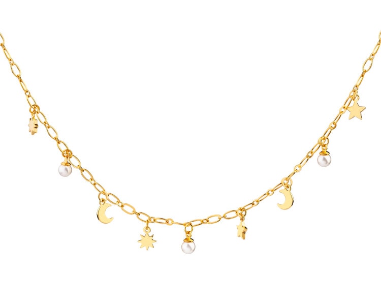 Pozlacený náhrdelník z mosazi s perlami - Měsíc, hvězdy, slunce