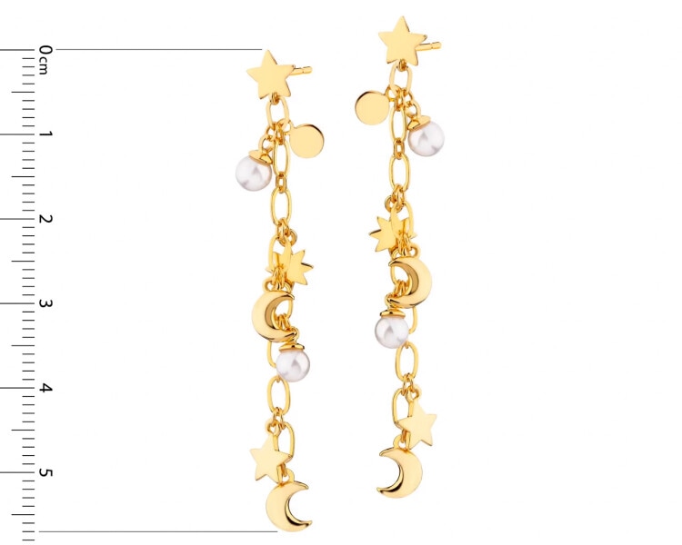 Pozlacené náušnice z mosazi s perlami - Měsíc, hvězdy, slunce