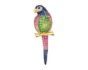 Zlatá brož s brilianty a ozdobnými kameny - papoušek - ryzost 750