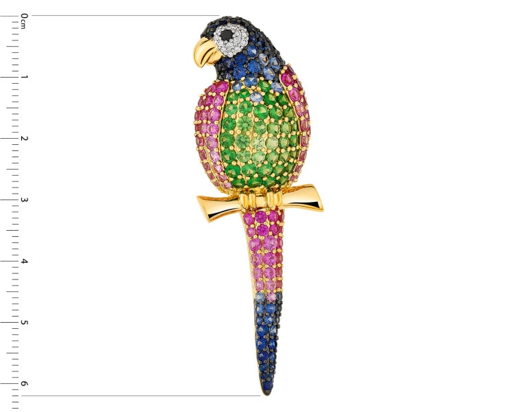 Zlatá brož s brilianty a ozdobnými kameny - papoušek - ryzost 750