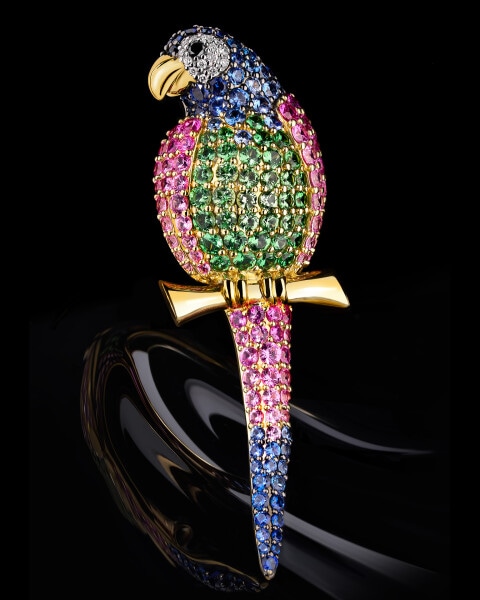Zlatá brož s brilianty, drahokamy a ozdobnými kameny - papoušek - ryzost 750