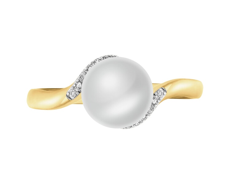 Zlatý prsten s diamanty a perlou - ryzost 585