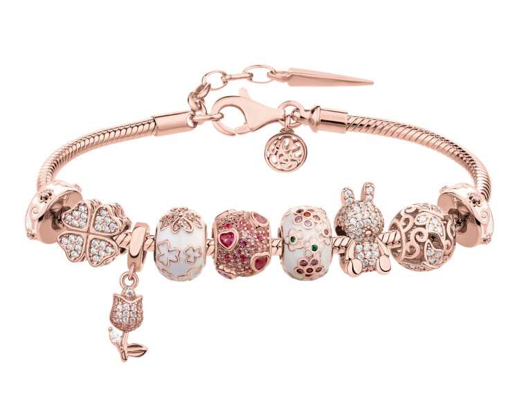 Pozlacený stříbrný náramek Beads - sada - čtyřlístek, květiny, motýli, srdce, králík, tulipán