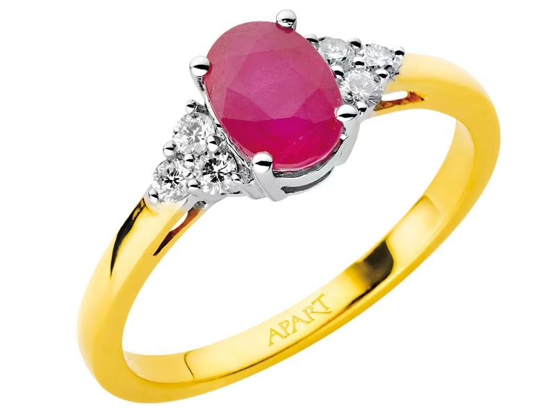 Yellow and white gold ring with brilliants and ruby 0,15 ct - fineness 14 K