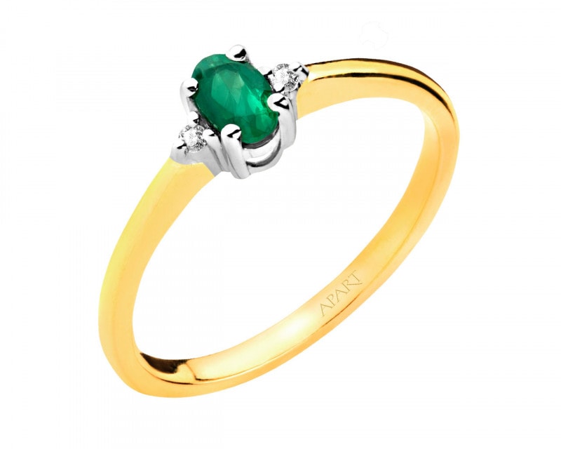 Yellow and white gold ring with brilliants and emerald - fineness 585