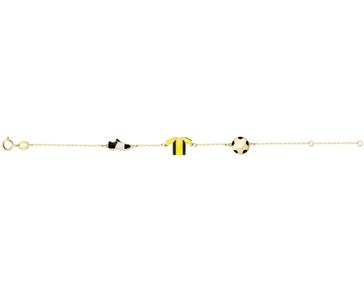 Złota bransoletka z emalią, ankier - but piłkarski, koszulka i piłka