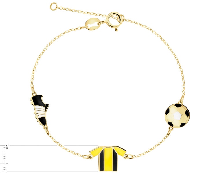 Złota bransoletka z emalią, ankier - but piłkarski, koszulka i piłka