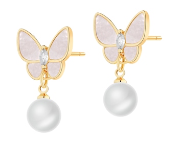 Pozlacené náušnice z mosazi s perletí, perlami a skleněnými detaily - motýlek