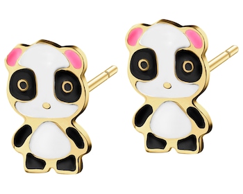 Złote kolczyki z emalią - misie panda