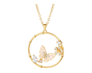 Pozlacený náhrdelník z mosazi se zirkony a smaltem - motýl, květy