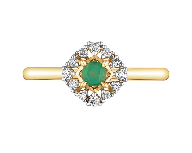 Zlatý prsten s diamanty a smaragdy - ryzost 585
