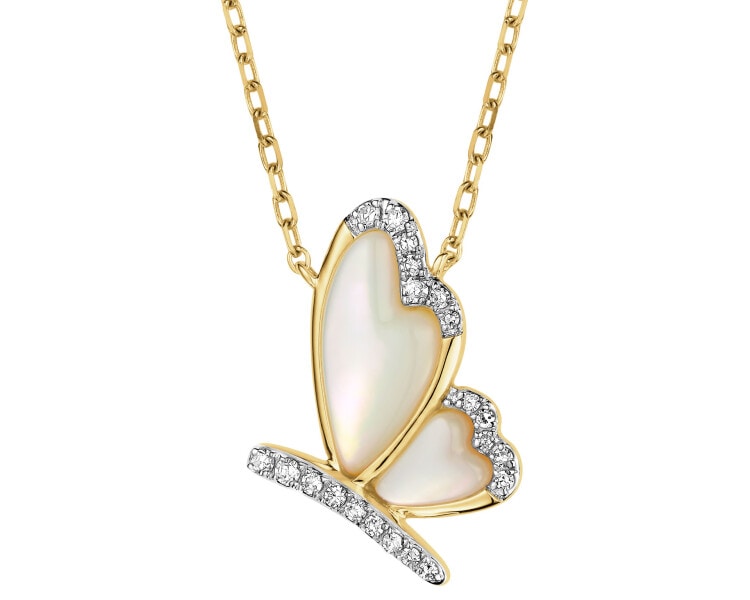 Zlatý náhrdelník s diamanty a perletí - motýl - ryzost 585
