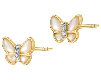 Zlaté náušnice s diamanty a perletí - motýli - ryzost 585
