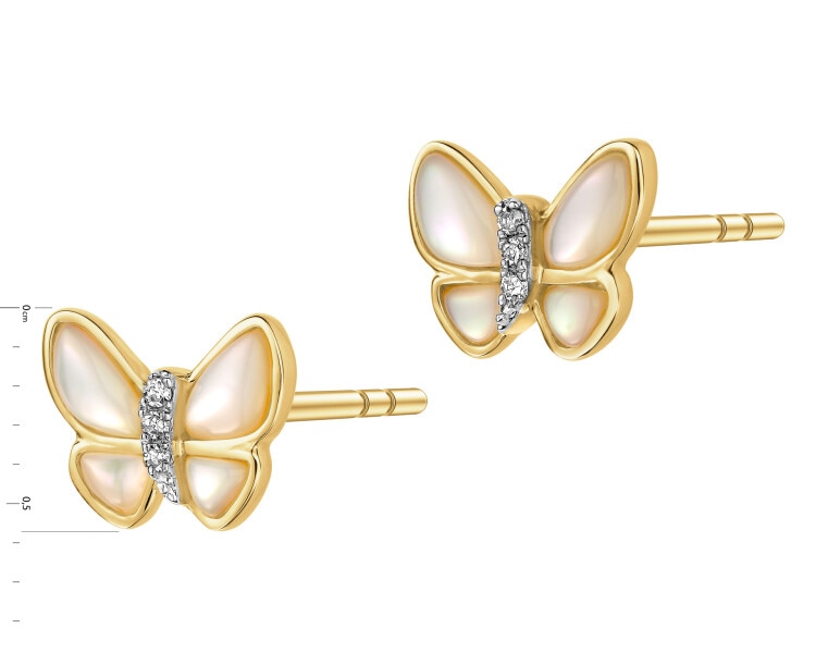 Zlaté náušnice s diamanty a perletí - motýli - ryzost 585