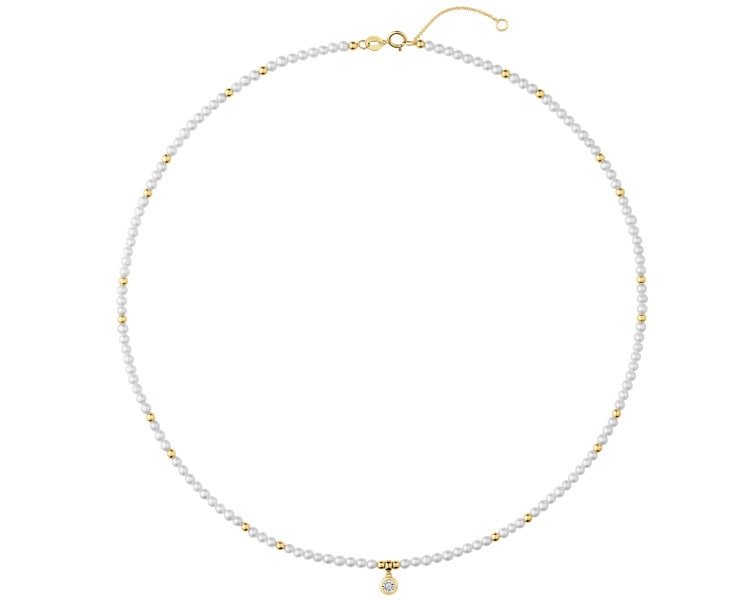 Naszyjnik  z brylantem, perłami i elementami białego złota - próba 585
