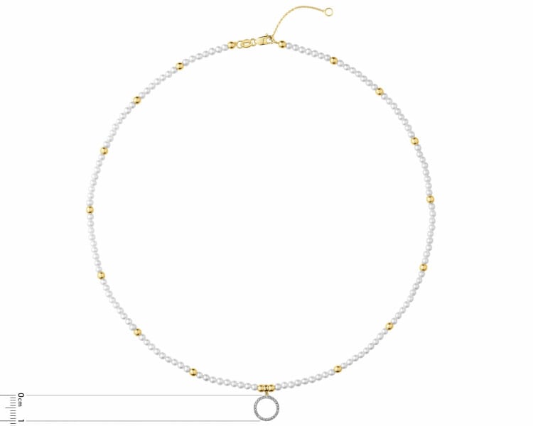 Naszyjnik  z diamentami, perłami i elementami żółtego złota - próba 585