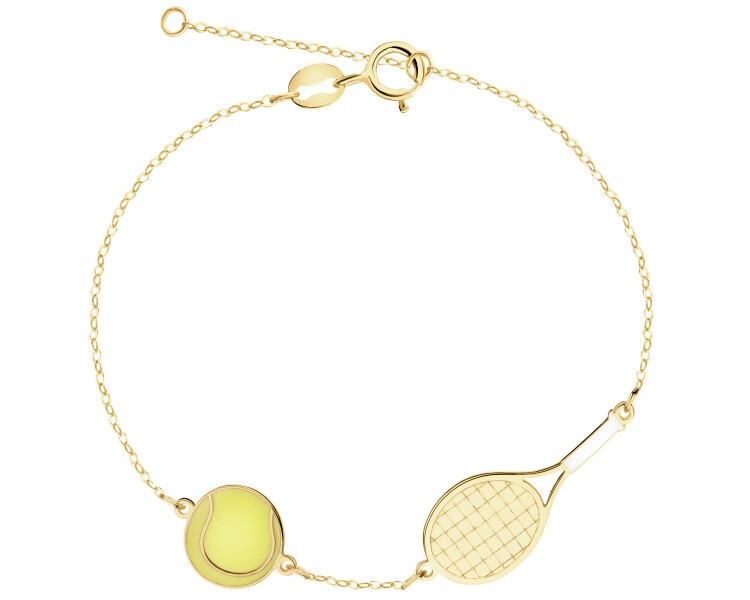 Złota bransoletka z emalią, ankier - piłka i rakieta tenisowa